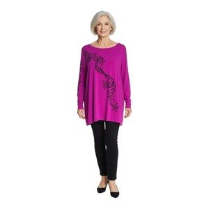 Women's Bob Mackie Long Sleeve Tee 1X Fuchsia Rhinestones and with Black Swirls